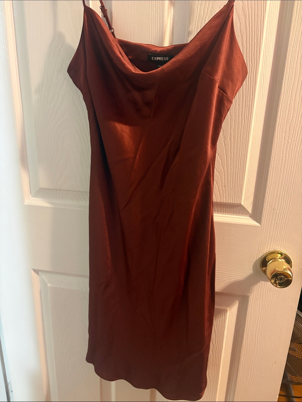 Express Strapless Satin Slip Dress in Rust Brown